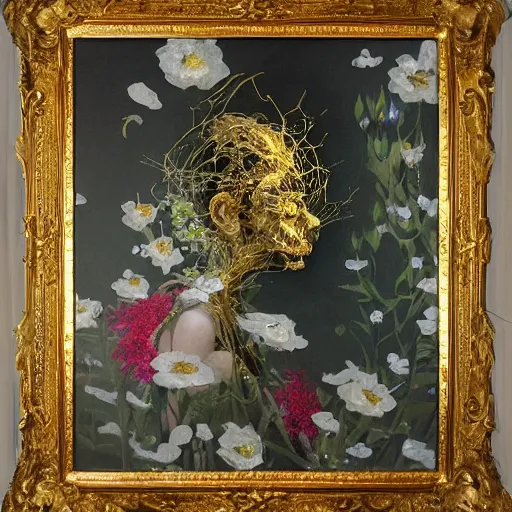 Image similar to a painting of a ghost surrounded by flowers, a surrealist painting by yoann lossel, trending on cgsociety, pop surrealism, made of flowers, cosmic horror, lovecraftian