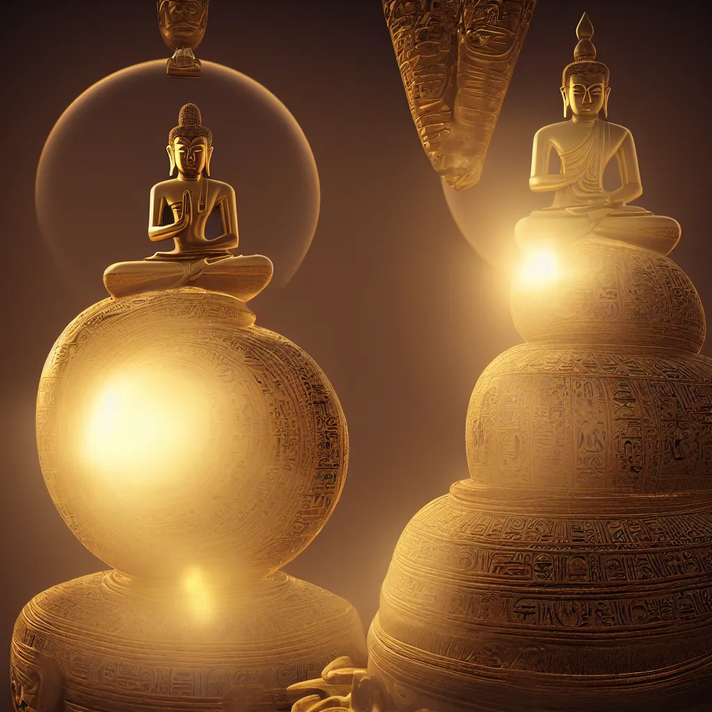 Image similar to meditating buddha sitting inside intricate sacred egyptian orb, floating in a void surrounded by a parhelion sundog in volumetric lighting., ornate, photorealistic, ultra detailed, octane render, high definition, depth of field, bokeh, 8 k, artstation, cgsociety