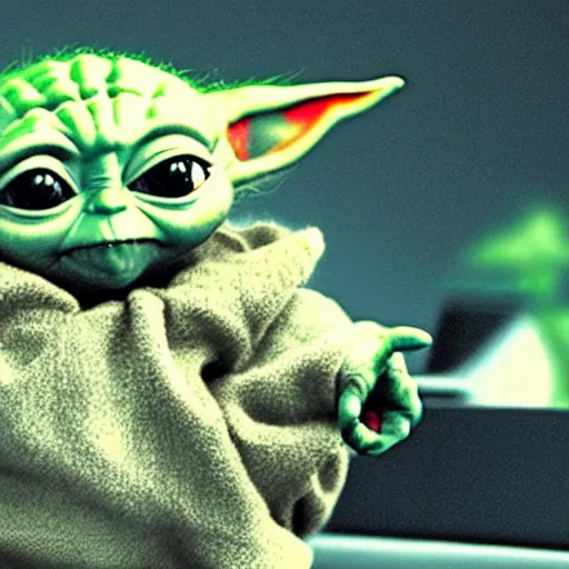 Prompt: baby yoda using a ThinkPad, highly detailed, realistic, cinematic