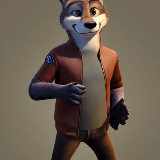 Prompt: full body, 3d render , anthropomorphic wolf male , wearing along brown leather jacket , in the style of Zootopia