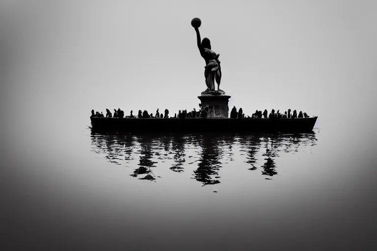 Image similar to a small boat near a masterpiece head of a giant statue of a beautiful! antic goddess with long hair, scuplted by MichelAngelo, partly sunken! in the lake!, important mist, lomography photo effect, monochrome, noise grain film, cl, surface view