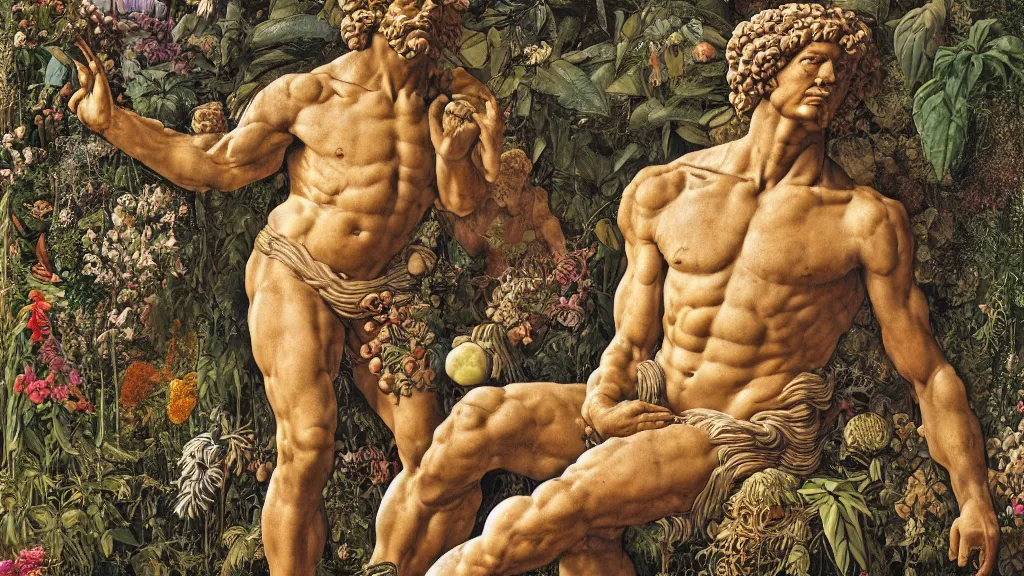 Prompt: highly detailed illustration of a greek statue of a man surrounded by all the known species of plants and flowers by juan gatti!, by moebius!, by leonardo da vinci, by oliver vernon!, by michelangelo