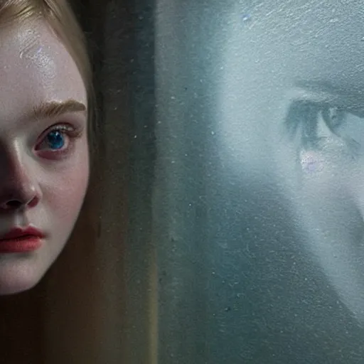Image similar to Elle Fanning’s face against the window in the world of Adam Wyeth, head and shoulders portrait, stormy weather, extremely detailed masterpiece, oil on canvas, low-key neon lighting, artstation, Blade Runner 2049, Roger Deakin’s cinematography, by J. C. Leyendecker and Peter Paul Rubens and Edward Hopper and Michael Sowa,