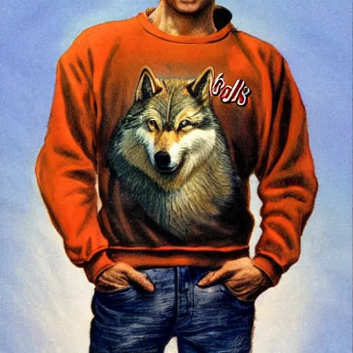 Image similar to Wolf as a human, wearing sweatshirt, holding beer, artwork by Earl Norem,