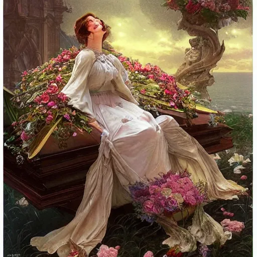 Image similar to an elaborate floating coffin with a mysterious woman sleeping and holding a large bouquet of flowing flowers, hands hidden under the bouquet, side view, fantasy, regal, intricate, by stanley artgerm lau, greg rutkowski, thomas kindkade, alphonse mucha, loish, norman rockwell