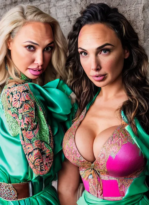 Image similar to portrait of lindsey pelas and gal gadot wearing green kebaya with batik skirt and pink silk belt, bali, by charlotte grimm, natural light, detailed face, beautiful features, symmetrical, canon eos c 3 0 0, ƒ 1. 8, 3 5 mm, 8 k, medium - format print, half body shot