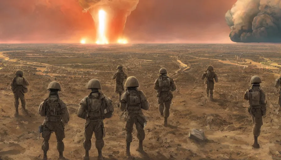 Image similar to back view of soldiers watching huge nuclear explosion in the horizon over washington dc, hyperdetailed, artstation, cgsociety, 8 k