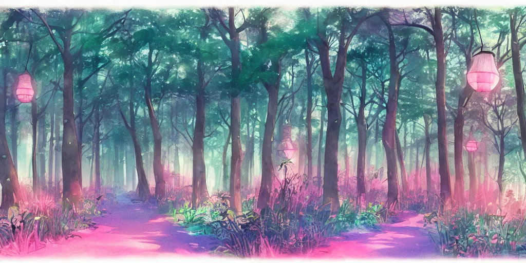 Image similar to path through a wide forest, modern contemporary, lanterns. watercolor art, expansive cinematic view, volumetric shading, intricate and detailed, highly saturated colors. breath of the wild style, by hayao miyazaki ghibli!!!. pastel!! pink!! accents. trending on artstation. award winning