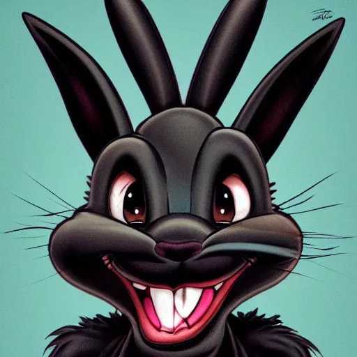 Prompt: A extremely highly detailed majestic hi-res beautiful, highly detailed head and shoulders portrait of a scary terrifying, horrifying, creepy evil black cartoon rabbit with scary big eyes, earing a shirt laughing in the style of Walt Disney