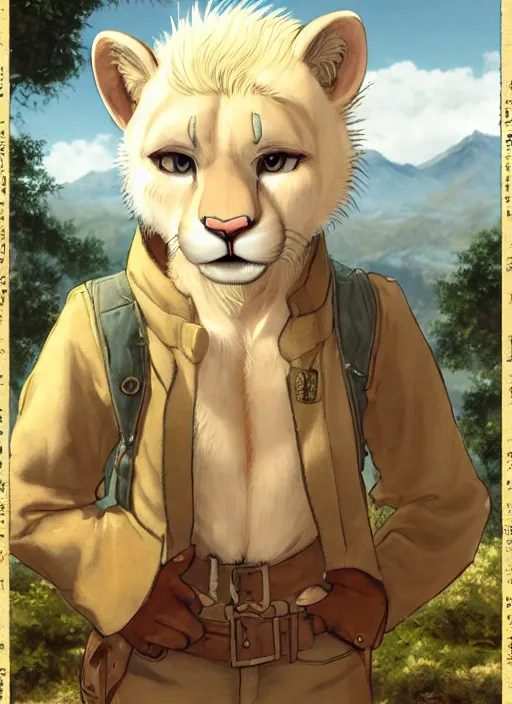 Image similar to character portrait of a anthro! albino mountain lion wearing miner's clothes. hidari, color page, tankoban, 4K, tone mapping, Akihiko Yoshida.