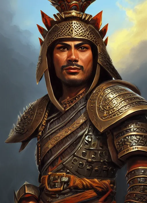 Image similar to smart tai warlord, closeup portrait, beardless, smooth - faced, historical hero, ethnic group, tai costume, bronze headdress, intricate, with leather armor cross on bare chest, elegant, loin cloth, highly detailed, oil painting, artstation, concept art, matte, sharp focus, illustration, hearthstone, art by earl norem