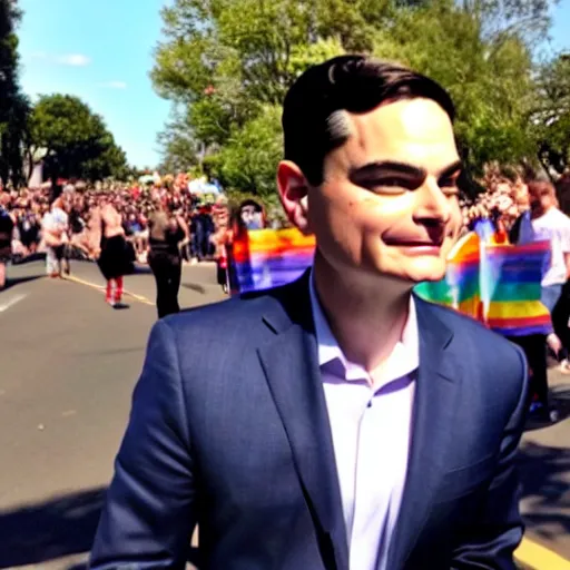 Image similar to ben shapiro participating in a gay parade, full body, high definition, detailed face, detailed body, detailed photo, photo realistic