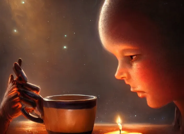 Prompt: alien child drinking hot coffee, lit by candles, digital painting, artstation, concept art, craig mullins, breathtaking, 8 k resolution, extremely detailed, beautiful, establishing shot, artistic, hyperrealistic, octane render, cinematic lighting, dramatic lighting, masterpiece, light brazen, extremely detailed and beautiful face