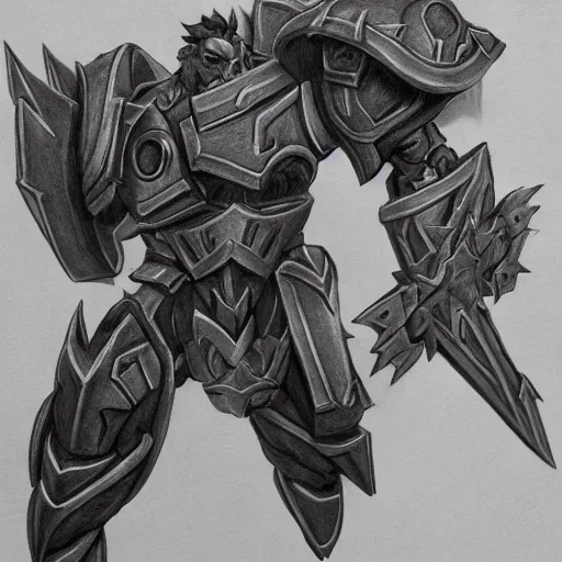 Image similar to reinhardt overwatch in the style of Diablo, highly detailed, pencil drawing, hyper realistic