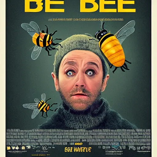 Image similar to movie poster of a bee addict who is addicted to being stung by bees