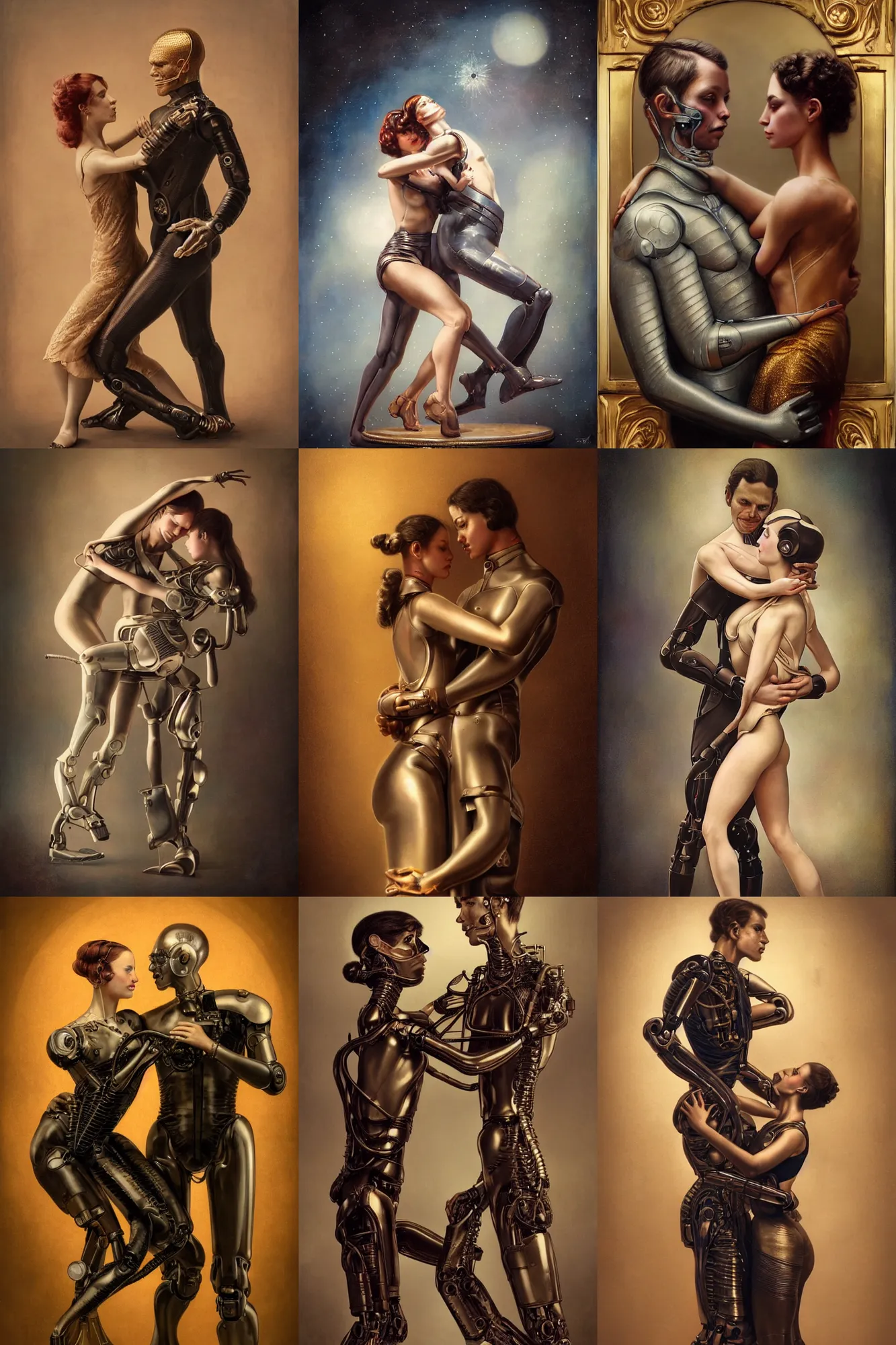 Prompt: a beautiful ultradetailed vintage photo of two cyborgs in a classic tango pose by tom bagshaw and anna dittman, couples portrait, vignette, 3 5 mm lens, golden ratio composition, detailed faces, studio photography, very detailed, humanoids, industrial robots, artstation, 8 k, highly coherent