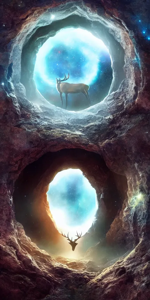 Image similar to a deer peering into a giant portal into the universe in the shape of a keyhole to the nebulae and galaxies, beautiful matte painting by weta workshop 4 k, cinematic dramatic atmosphere, dramatic lighting, trending on artstation
