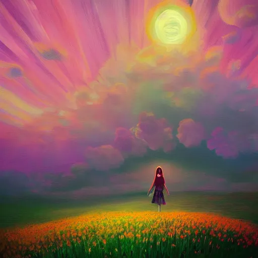Image similar to girl with a flower face, surreal photography, bizzare, dreamlike, otherworldly, standing in flower field, in a valley, sunrise dramatic light, impressionistic painting, colorful clouds, artstation, simon stalenhag