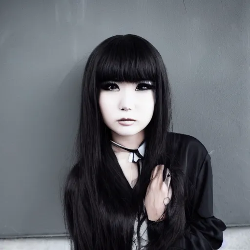 Image similar to japanese girl with emo makeup and long hair, bangs