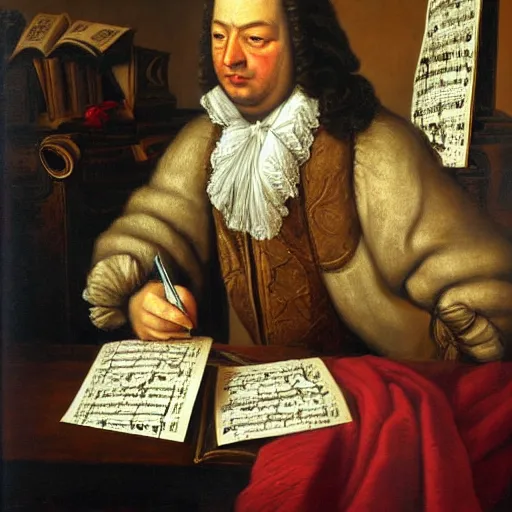 Image similar to highly detailed painting of bach writing a piece of music on a sheet of paper, he is inside of a wooden shack, 4 k resolution, by jaquis luis david, visible paint layers, renaissance.