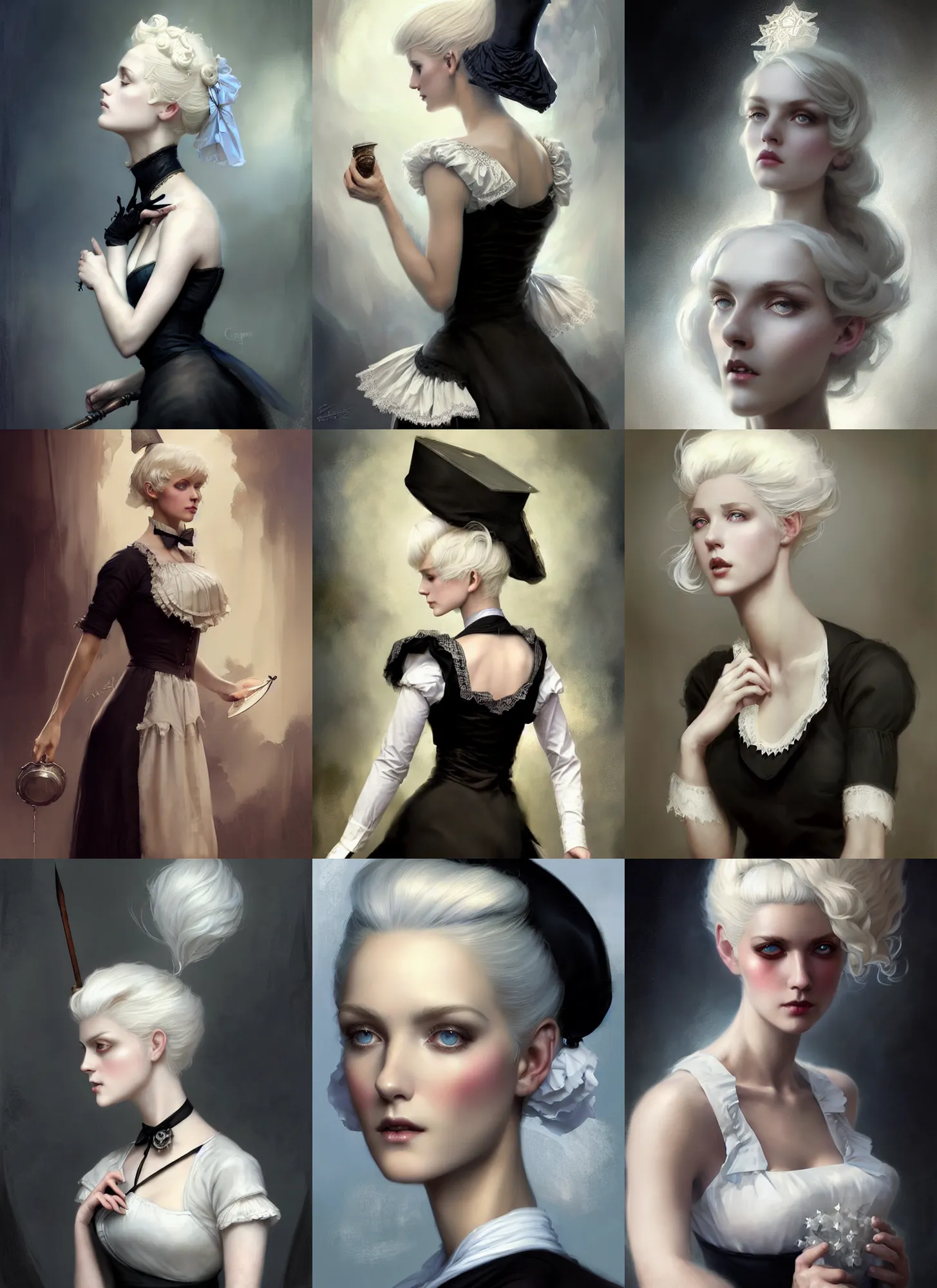 Prompt: craig mullins and tom bagshaw and artgerm and greg rutkowski digital art illustration of a beautiful platinum blonde victorian maid. beautiful slender face, playful updo, big blue eyes, fine pointy chin, slender nose, high cheek bones, soft lips. maid in a black dress with white apron. lace, embroidery, leather, studs.