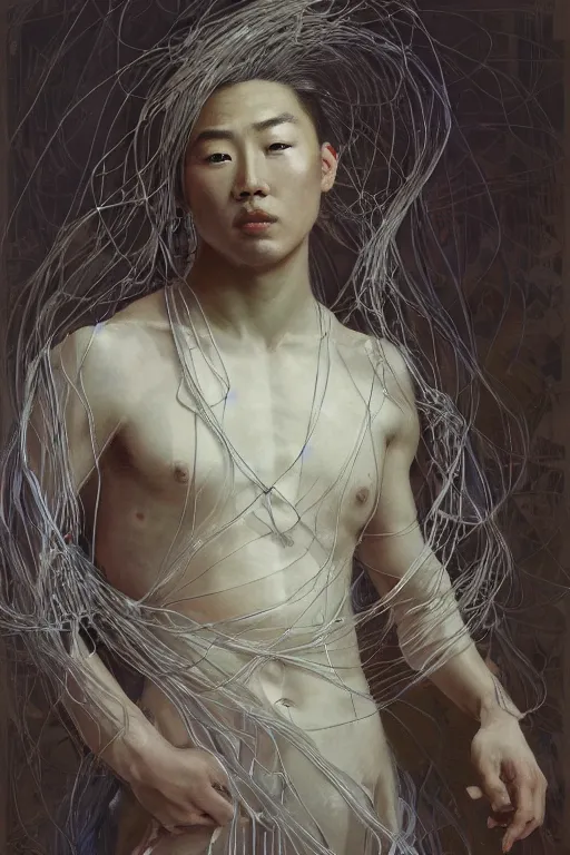 Image similar to hyperrealist portrait of an attractive angelic asian man, it is decorated with long wires that fall like vines and wears small computers over their body. by jeremy mann and alphonse mucha, fantasy art, photo realistic, dynamic lighting, artstation, poster, volumetric lighting, very detailed faces, 4 k, award winning