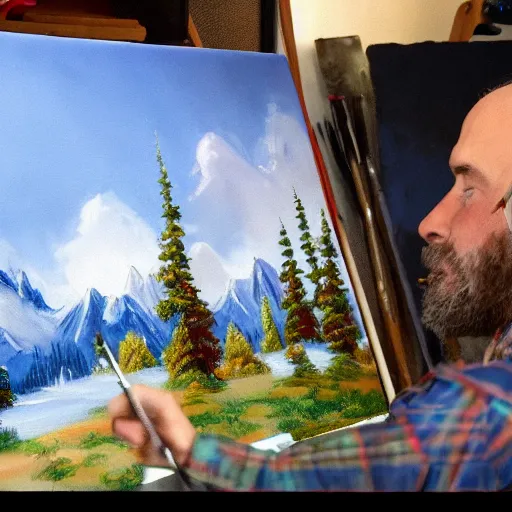 Image similar to a closeup photorealistic photograph of bob ross working on a canvas painting of deadpool. film still. brightly lit scene. mountains and trees. this 4 k hd image is trending on artstation, featured on behance, well - rendered, extra crisp, features intricate detail, epic composition and the style of unreal engine.