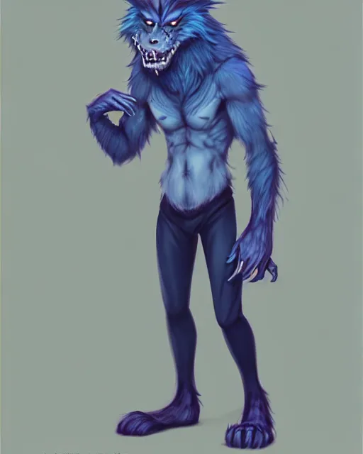 Image similar to character concept art, cute adult male anthropomorphic furry, cute fine face, darkblue werewolf, pants, pretty face, key visual, long human lightblue hair, realistic shaded furry face, fine details by stanley artgerm lau, wlop, rossdraws, james jean, andrei riabovitchev, marc simonetti, and sakimichan