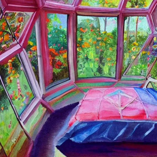 Prompt: interior of cozy queer geodesic dome bedroom with flowers, iridescent windows, expressive oil painting