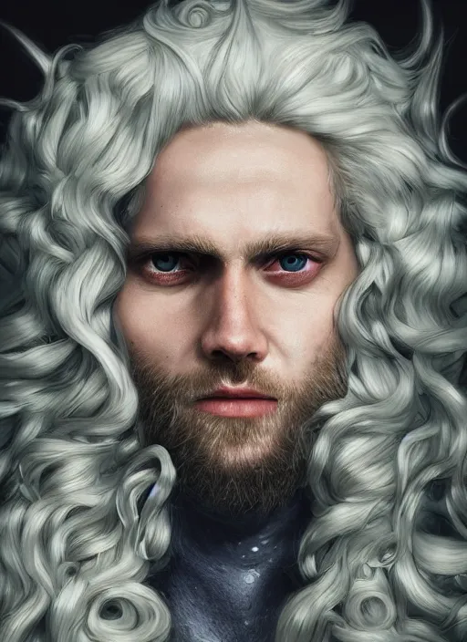 Image similar to An epic fantastic realism comic book style portrait painting of Lucius the most beautiful man in the universe, long fluffy blond curls of hair, porcelain pale skin, flowers rain everywhere, fisheye lens, Apex Legends Concept Art, porcelain, unreal 5, DAZ, hyperrealistic, octane render, cosplay, RPG portrait, dynamic lighting