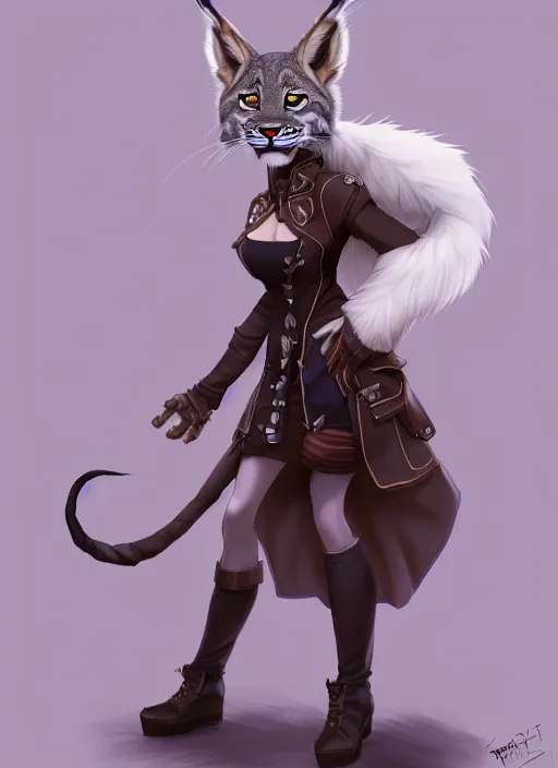 Prompt: wide angle beautiful full body portrait of a strong female anthropomorphic anthro lynx fursona wearing a steampunk dress. from behind, character design by disney, anime, manga, charlie bowater, ross tran, artgerm, and makoto shinkai, detailed, soft lighting, rendered in octane, white fur