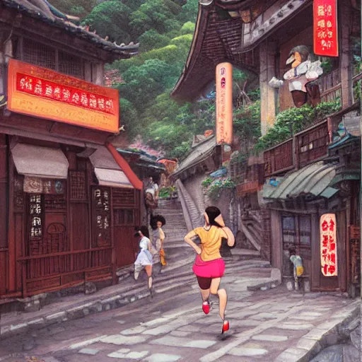 Prompt: a woman running in jiufen taiwan, an oil painting by ross tran and thomas kincade, studio ghibli