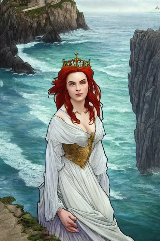 Image similar to a hyperdetailed tarot card of triss merigold as a princess asleep on a bed in a tower, sleeping princess!!!!, window that overlooking cliffs and crashing waves in the background, highly detailed, deep focus, elegant, digital painting, smooth, sharp focus, ultra realistic, 8 k, art by greg rutkowski and jeong seon and alphonse mucha