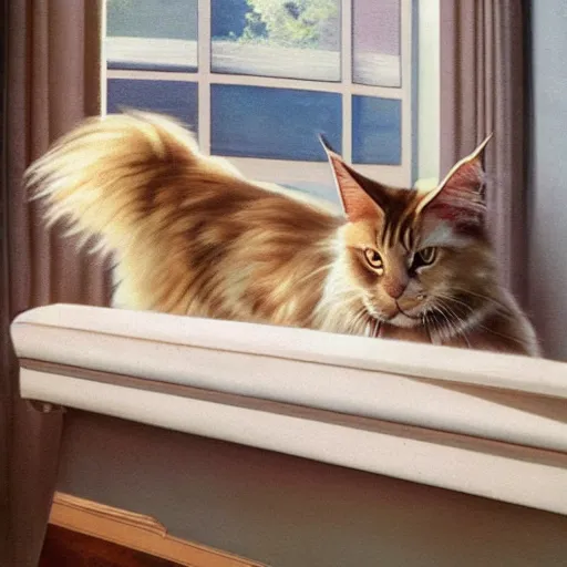 Image similar to cream color maine coon cat chasing a ball in a sunlit bedroom, bay window sofa, high energy, by Jeff Easley