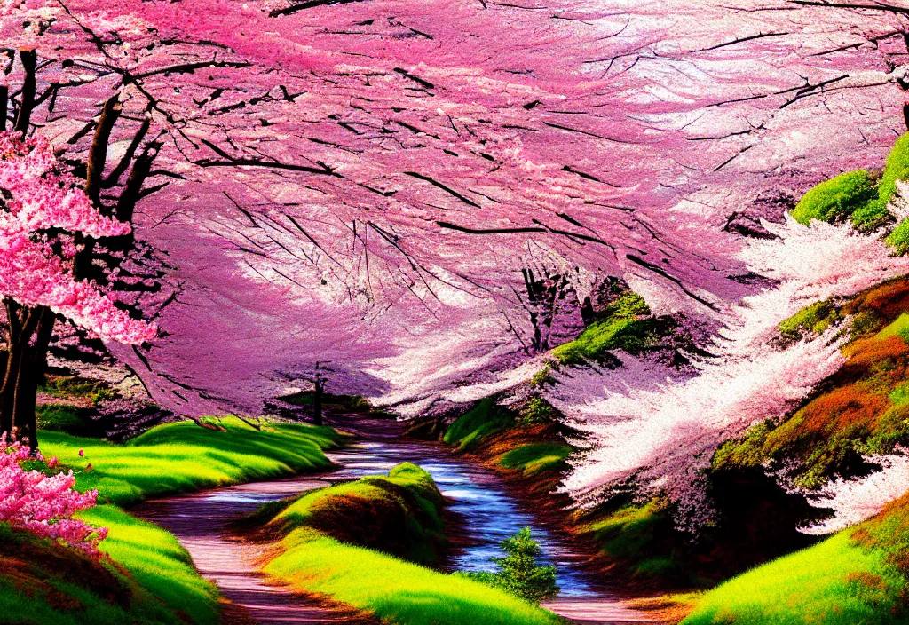 Image similar to a real photographic landscape painting with incomparable reality, wide angle, in forest, flowers, cherry blossom tree in full bloom, bright style, mount fuji, clearing, magnificent, artstation