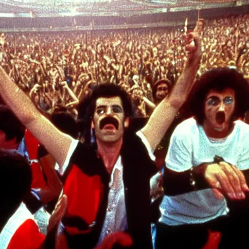 Image similar to a still photo taken from backstage of Live Aid in 1985. Queen the band is on the stage. Freddy Mercury can be seen from behind