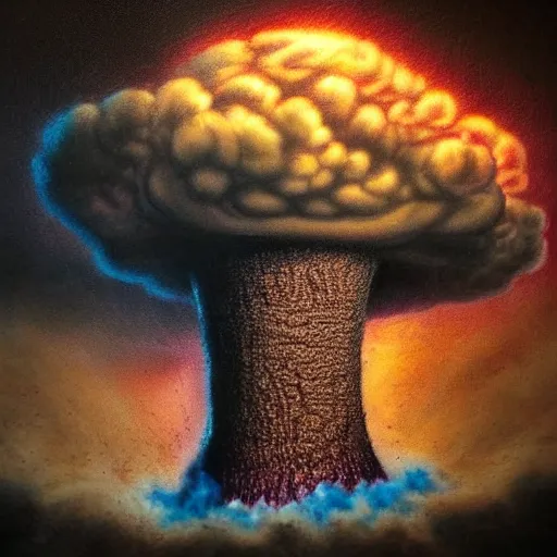 Image similar to a person with head exploding into giant nuclear mushroom cloud hyperrealism fine detail intricate medium shot very cinematic dark gritty