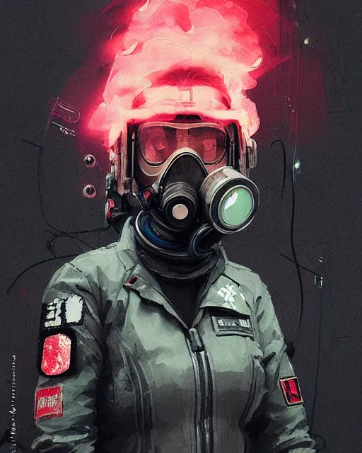 Image similar to detailed portrait neon female swat officer, cyberpunk futuristic, neon, gas mask, reflective puffy coat, decorated with traditional japanese by ismail inceoglu dragan bibin hans thoma greg rutkowski alexandros pyromallis nekro rene margitte, fire & smoke, illustrated, perfect face, fine details, realistic shaded, fine - face, pretty face