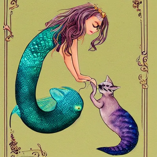 Prompt: a mermaid meets a kitten, fantasy illustration,