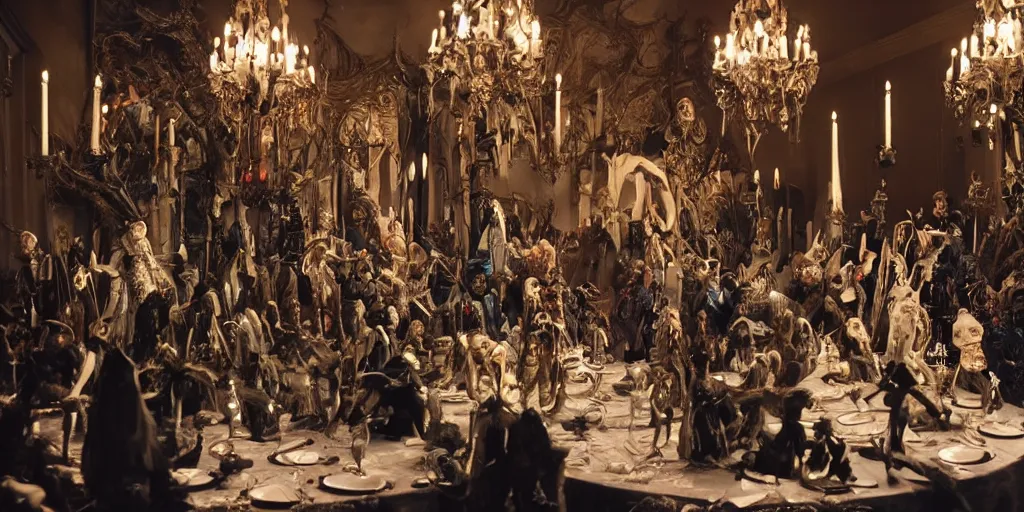 Image similar to photo taken of an epic intricate, ultra detailed, super realistic stop motion puppets of a majestic gracious regal aristocratic vampires in an indoor banquet hall filmset created by weta workshop directed by tim burton, menacing, wide angle, moody full body shot, photorealistic, sharp focus, gloomy, extremely cold blueish colour temperature, 3 5 mm, f 1. 4