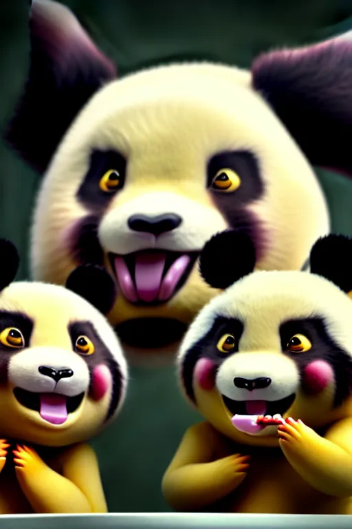 Image similar to high quality 3 d render hyperrealist very cute creepy happy panda & dragon hybrid eating ice cream, vray smooth, in the style of detective pikachu, very dramatic light, low angle, uhd 8 k, shallow depth or field