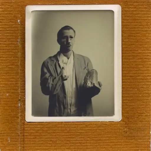 Prompt: a faceless man with a crystal rock as a head and face wearing a lab coat, vintage photography, realistic, 3 5 mm, polaroid, photograph