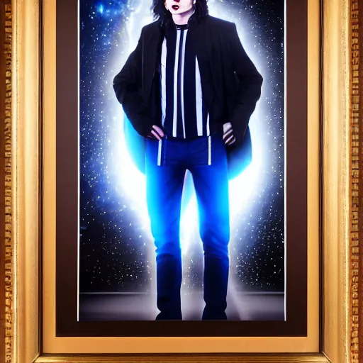 Image similar to a full body photograph of michael jackson as'doctor who ', time vortex in the background, detailed face, symmetrical face, extreme realism and detail, 8 k, completely framed, direct lighting, 3 5 mm photo, photorealistic, sharp focus