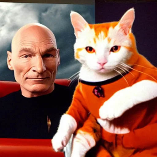 Image similar to Captain Picard sitting on the bridge of the Enterprise with a white and orange cat in his lap. Vintage film, realistic.