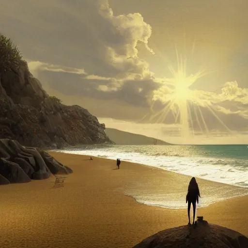 Image similar to a highly detailed vector render of a large cross standing on the beach as a storm comes in with the tide, woman sitting in the sand watching the ocean, epic fantasy, god rays, rocky beach, aerial photography, volumetric lighting, octane render, exquisite detail, 8 k, art by hayao miyazaki and albert bierstadt and alphonse mucha