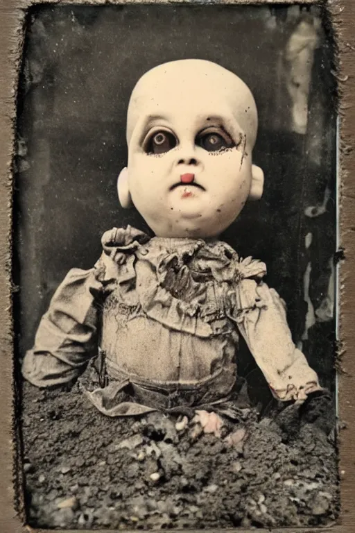 Image similar to dirty cracked crying vintage evil bald doll sitting in dirt basement cobwebs tintype photo