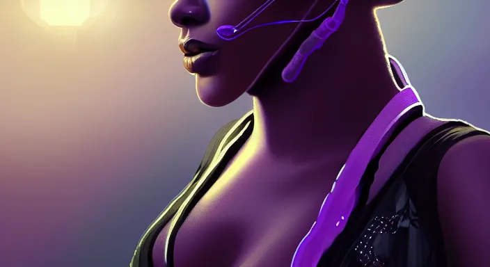 Prompt: portrait of beautiful cyberpunk brazilian black woman, rio de janeiro on the background, soft purple lighting, concept art, digital art trending on artstation concept art