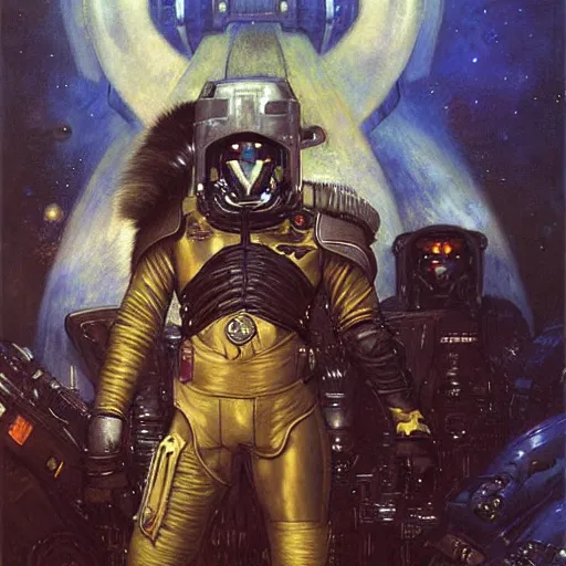 Image similar to portrait of a wolf in uniform as space priest. shadowrun furaffiniy cyberpunk fantasy highly detailed painting by gaston bussiere craig mullins jc leyendecker gustav klimt artgerm greg rutkowski john berkey, bergey, craig mullins, ruan jia, raymond swanland, jeremy mann, tom lovell, alex malveda