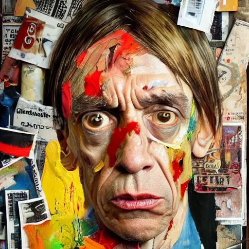 Prompt: hyperrealistic, photorealistic, mixed media oil painting of iggy pop, magazine scraps, plaster, blood, oil, mustard, cigarettes, splatter, trending on artstation, award - winning painting, greg rutkowski, basquiat, ralph steadman, terry gilliam