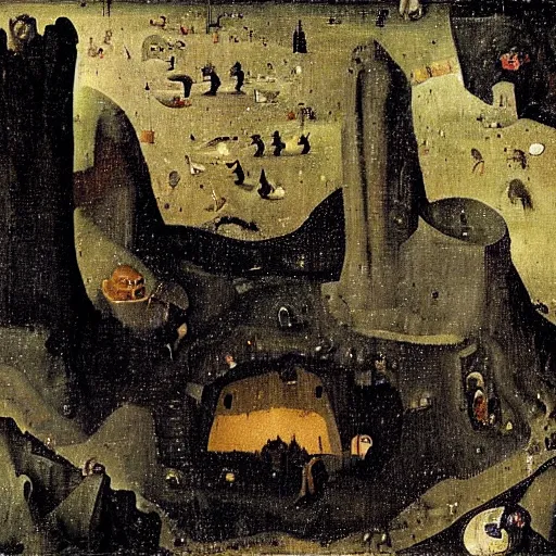 Prompt: night in a minecraft cave, by hieronymous bosch